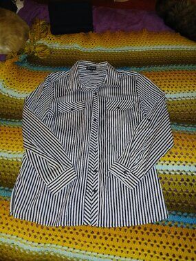 Women's XL Notations Long Sleeve Striped Black & White Blouse Button Down Shirt
